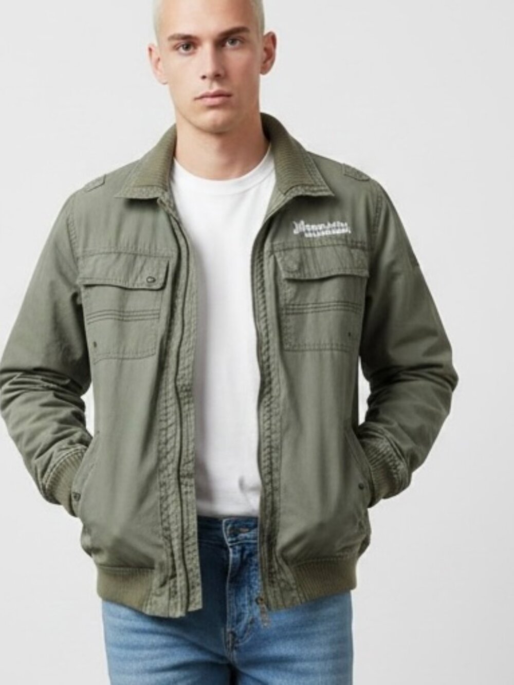 QuickSilver Bomber Jacket Boys Large (16-18) Vintage Army Green Canvas Utility